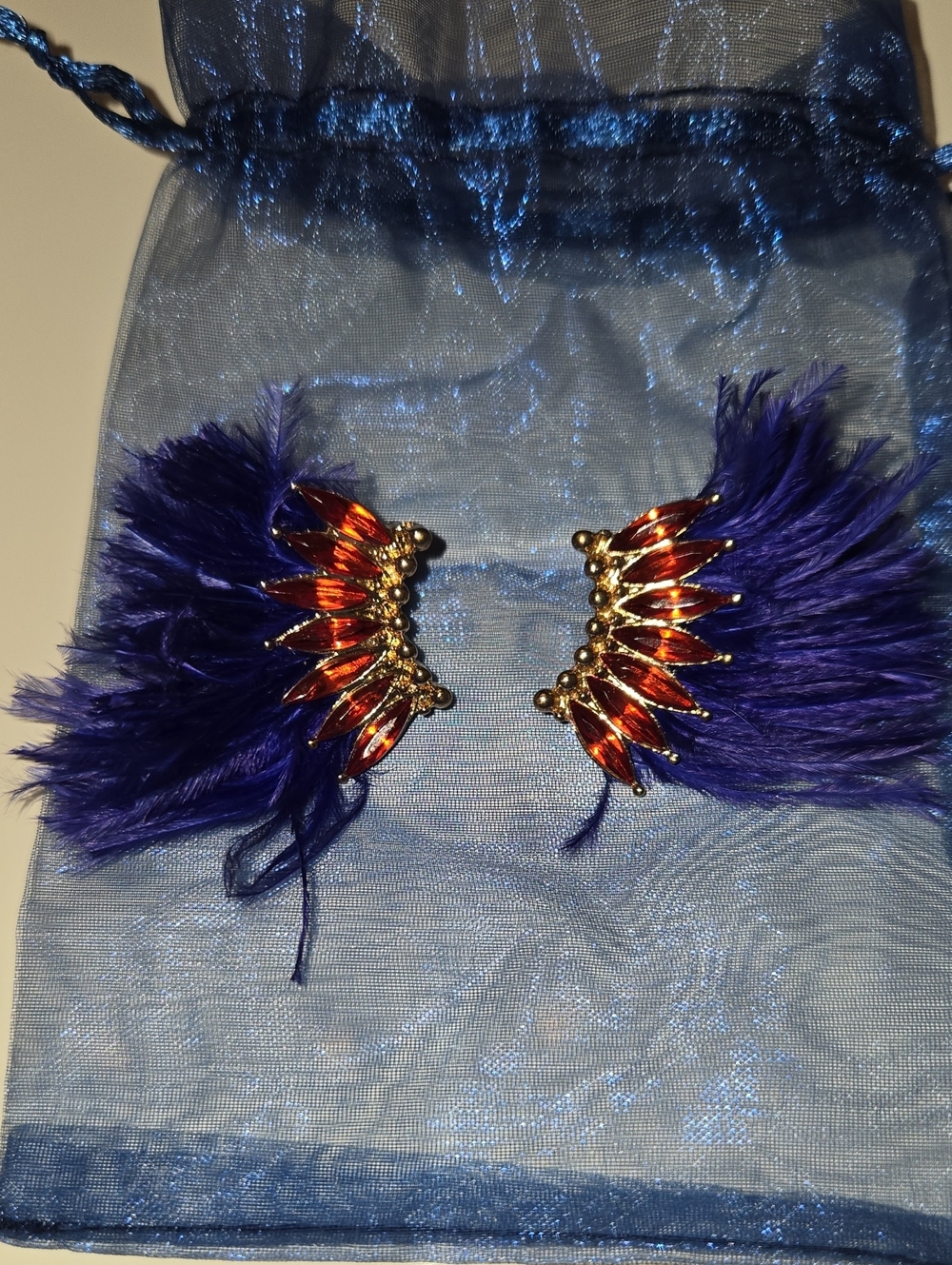 Blue Feather and Red Crystal Wing Earrings - Designer Style